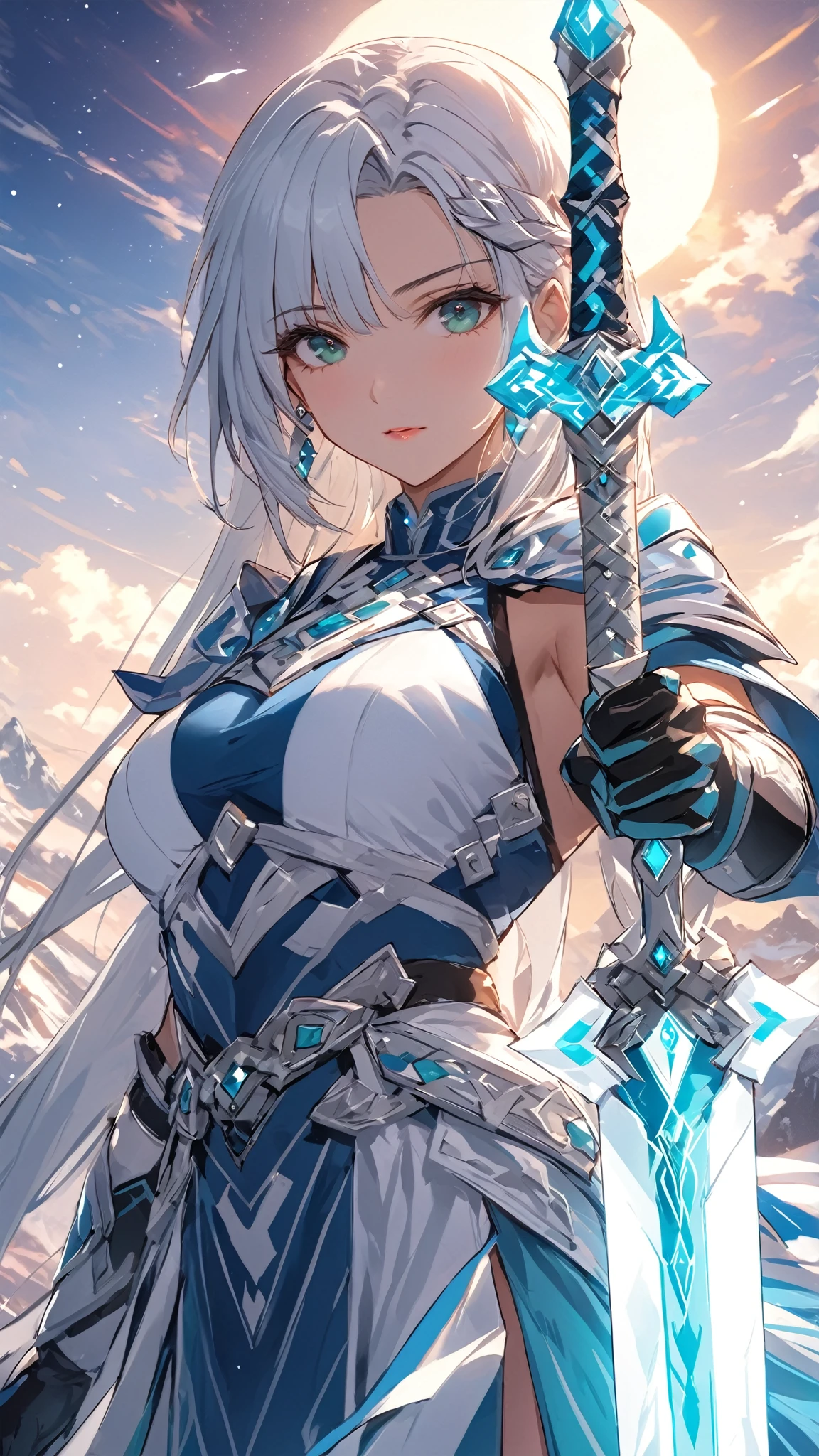 Woman, white hair, steady gaze, white blue dress, wearing a snow crown, Standing on top of rock, wielding a huge sword, Iceberg background, Snowfall