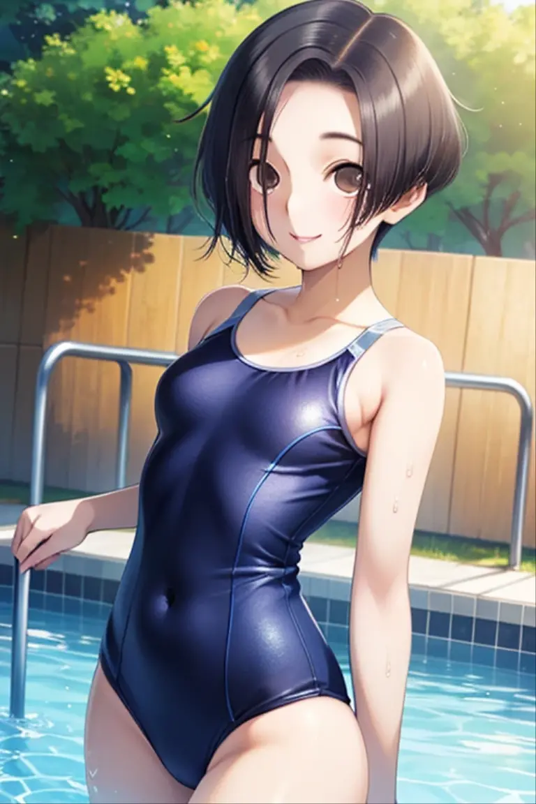 (8k、Best image quality、Highest quality、masterpiece)、Detailed face、1 person、Black Hair、Bobcut、Blunt bangs、Grey Eyes、Wicked Smile、Small breasts、One piece swimsuit、Cowboy Shot、Hips、blue sky、Pool Background、