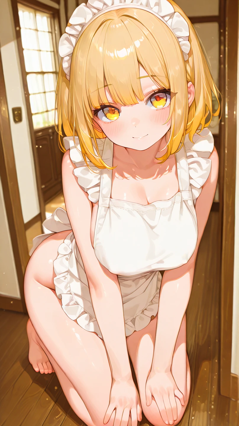 ,(Unbroken body),(Perfect body structure),(arms two),(legs two),highest quality, 4K, (High resolution:1.3) masterpiece, 1.2, Super detailed, HDR, Studio Lighting, Sharp Focus, Bright colors, Portrait, Warm tones, Soft Lighting,Skirt lift、Blonde、Medium Short Hair、Red Eye、