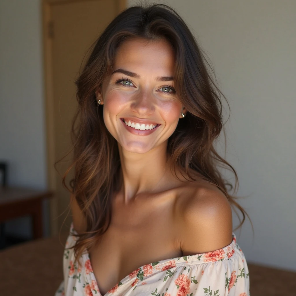 A Brazilian woman with very natural features as if she were a real woman in a well-organized room, wearing an open shirt with a floral print, with a close-up capturing the harmonious beauty between her breasts and the decorations, showing off your natural charm and outgoing personality.