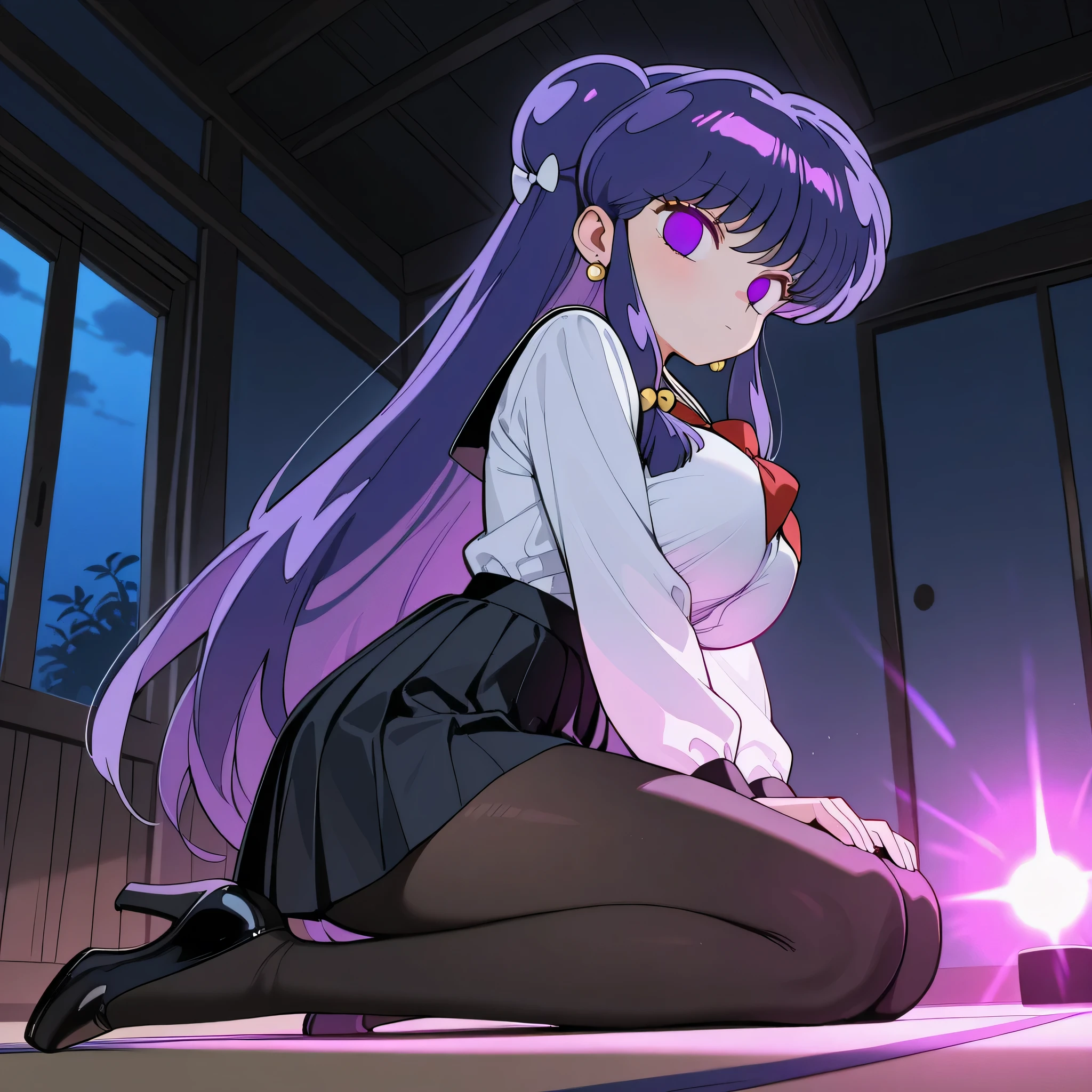 score_9, score_8_up, score_7_up, 1girl, solo, (top quality, 8k), high resolution, smooth, best quality, highly detailed, looking at viewer, bedroom at night, (dark room), ((from below)), large breasts, covered breasts, glowing hypnotic waves in the background, at night, ((perfect hands)), beautiful hands, ((slim fingers)), expressionless, masterpiece, high quality, absurd resolution, beautiful hands, blush, hypnotic eyes, glowing purple eyes, empty eyes, white blouse, boob tent, undrrboob, taut clothing, black pleated skirt, black pantyhose, kneeling on floor with legs together, perky breasts, high heels, being hypnotized, full body shot, v_arms, hands on knees, jewelry, earrings, Shampoo, ranma 1/2, purple hair, very long hair, schoolgirl cosplay, very thin legs, long legs