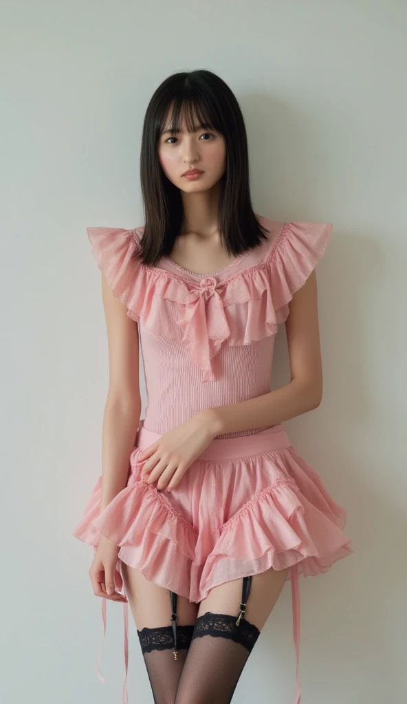 (((young girl))) ((12-year-old girl)) wearing a red off-the-shoulder satin blouse, and black skirt standing in a bedroom