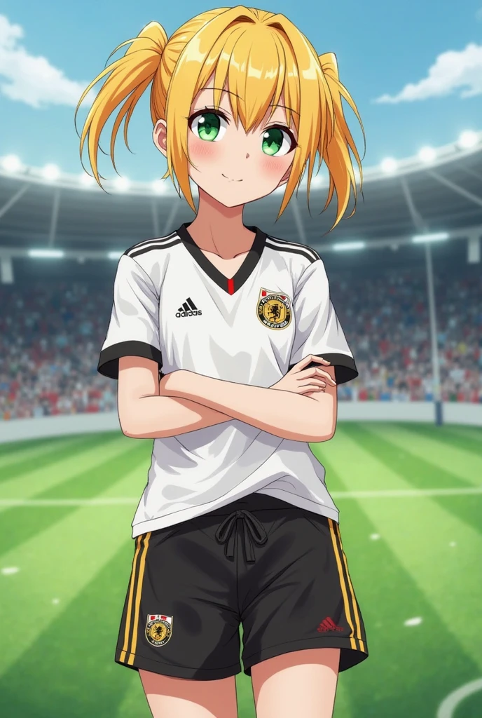 sfw, (masterpiece, best quality:1.2), perfect anatomy, (1boy, solo:1), full shot, from above face focus looking at viewer, nose blush, shiny skin, happy closed mouth smile, adorable face, <lora:boku no pico ova-lora-nochekaiser:0.7> bokunopico, (pico:1), short blonde hair, (green eyes:1), flat chest, volumetric lighting, outside, wearing soccer_uniform, inside soccer_field, <lora:soccer_uniform:0.5>, soccer, field, sweat, holding soccer ball, sweat