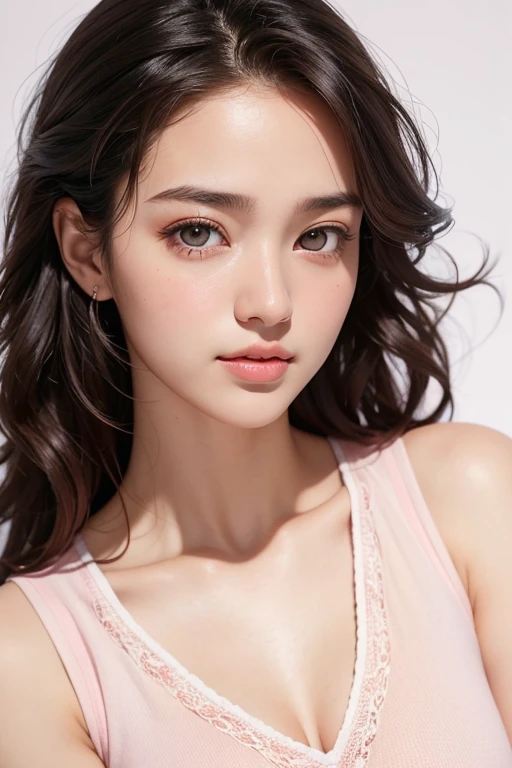 Professional photograph of a 28 years old pretty girl with grey eyes, black middle-length curly hair, slightly open mouth and pink skin with a rosy complexion. Dressed in a white tank top. Facing slightly to the right, turning the head towards the camera ,tiffen soft contrast filter effect, Muted background.