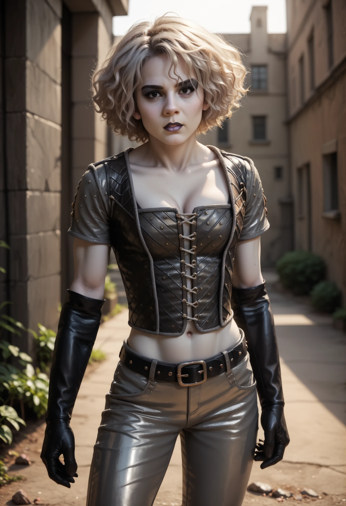 (1girl) Chiana, short white hair, (gray skin:1.2), black eyes,, blue eyeshadow, black eyeshadow, black lipstick, natural , slim, fit, athletic:1.2, (abs:0.4), BREAK, (material uniform, leather vest, vest laced on the front, leather pants, leather elbow gloves, leather boots, black belt, cleavage:1.2), BREAK, on a deserted rocky, BREAK, masterpiece, dramatic lighting, highly detailed, depth of field #Merida-00