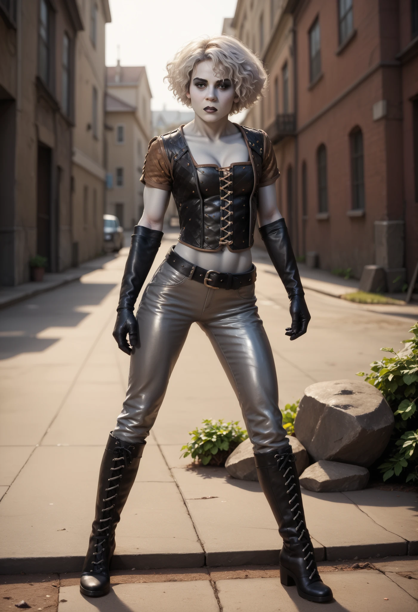 (1girl) Chiana, short white hair, (gray skin:1.2), black eyes,, blue eyeshadow, black eyeshadow, black lipstick, natural , slim, fit, athletic:1.2, (abs:0.4), BREAK, (material uniform, leather vest, vest laced on the front, leather pants, leather elbow gloves, leather boots, black belt, cleavage:1.2), BREAK, on a deserted rocky, BREAK, masterpiece, dramatic lighting, highly detailed, depth of field #Merida-00