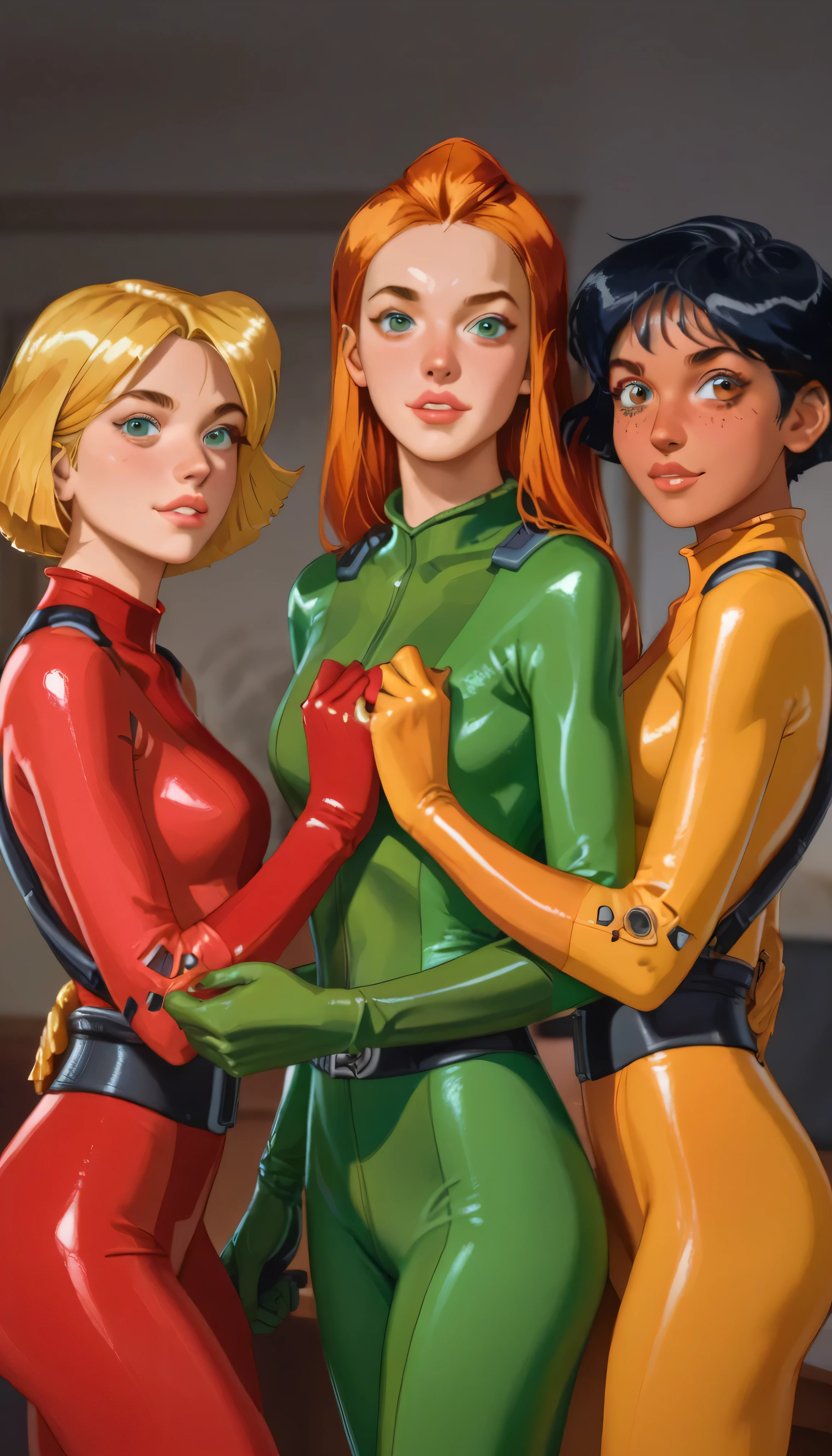 3girls, Alex with dark skin and short black hair wearing a yellow bodysuit, Sam with pale skin and long orange hair wearing a green bodysuit, BREAK, Clover with fair skin and short blonde hair wearing a red bodysuit, looking at viewer, half body portrait, standing beside each other