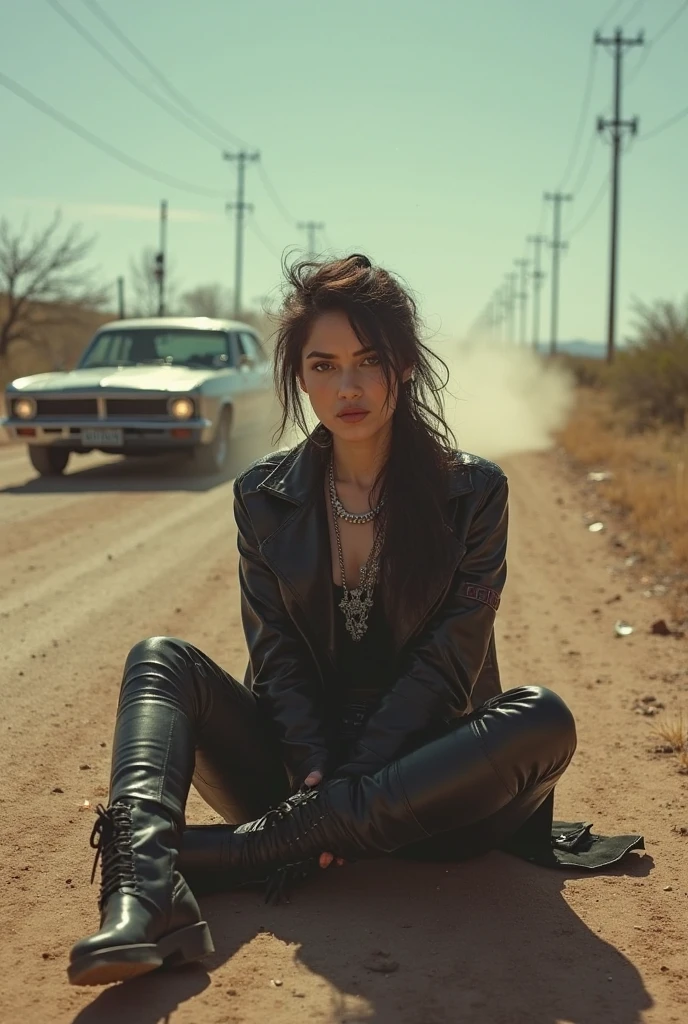 busty teenager, arrested, with few clothes, Sport motorcycle, crying, at night, black fur,