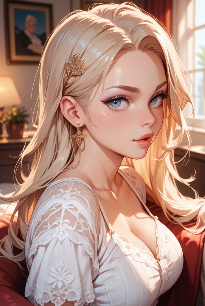 Sexy Big 、Sexy cute looks and cute, beautiful girl, beautiful and sexy face、A strong wind blows my hair in front of my face、length, Metallic blonde straight hair、beautiful, Cute and sexy eyes hidden behind long bangs。