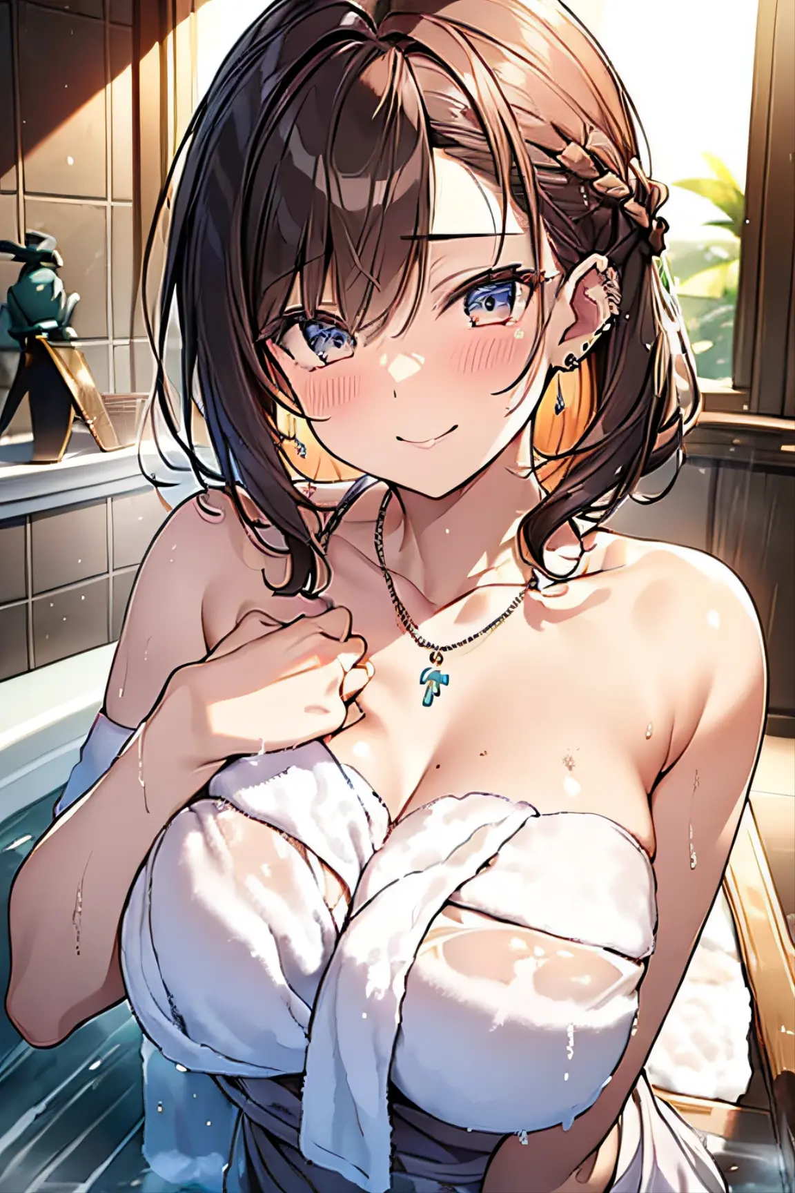A hot spring resort in the mountains of Japan,beautiful mountain in background々,(Hot water smoke obstructing the view Water vapor rising from the bathtub:1.3),(Rock bath open-air bath:1.3),(Take a deep shoulder soak in the open-air bath:1,3),Immaculate white tube top bra without shoulder straps,Hold a hand towel to hide your breasts,Blushing cheeks、shyly smile、(beautiful a girl)、(short hair of red-brown color、hair pin、poneyTail、Floating hair、)Colossal tits、Blush with embarrassment、Enraptured eyes、A smile that beguiles the viewer、Look into the photographer、skin glistening with sweat、gazing at viewer,a necklace、piercings、pointed red mouth,Perfect round face,,Proper body proportion,Intricate details,Very delicate and beautiful hair,photos realistic,Dreamy,Professional Lighting,realistic shadow,Solo Focus,Beautiful hands,Beautiful fingers,Detailed finger features,Detailed arm functions,detailed clothes features,Detailed hair features,detailed facial features,(masutepiece,top-quality,Ultra-high resolution output image,) ,(The 8k quality,),(Image Mode Ultra HD,)