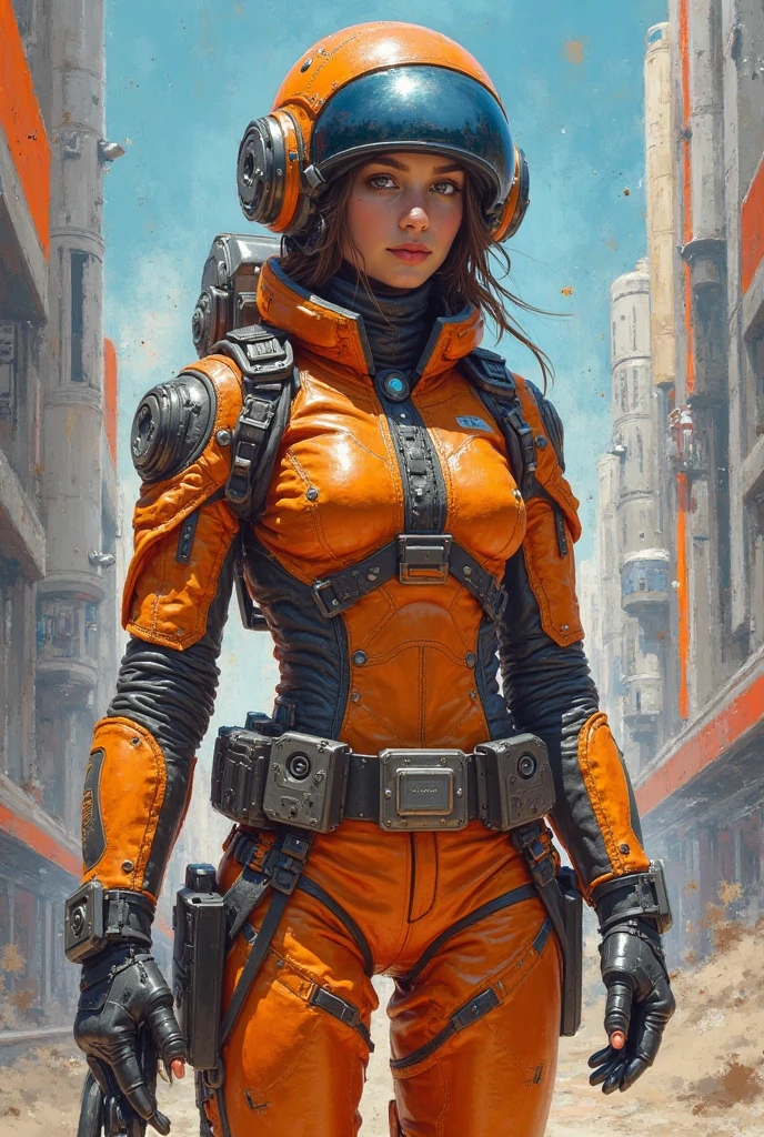 1monk warrior girl with blue orange techwear clothes, Long Brunette Hair, shoelace, Vintage Scifi Background Abstract, Art by Moebius, Art by Ashley Wood