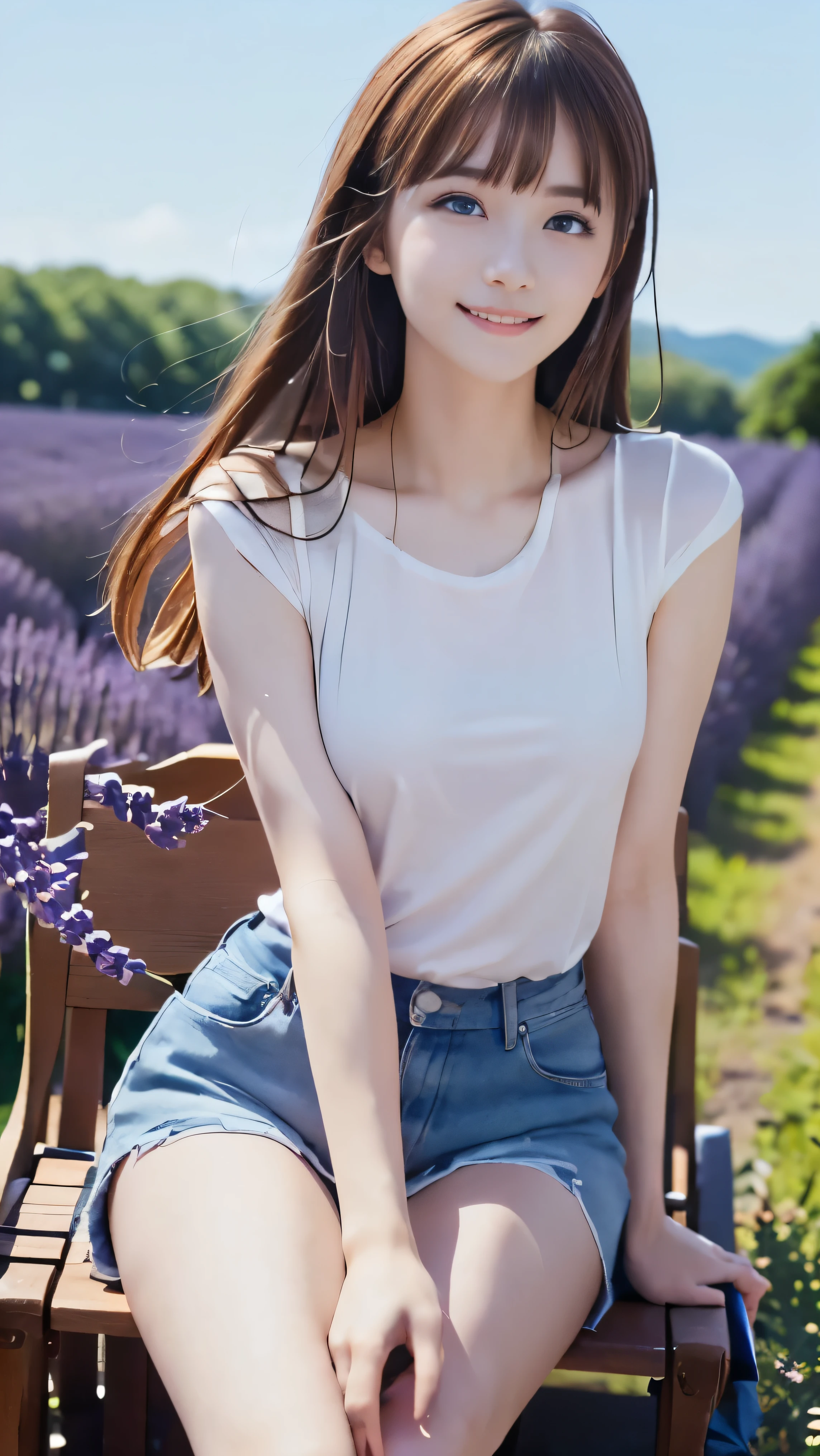 (ultra best quality、超A high resolution、8k、masterpiece:1.3)、Beautiful Women in Perfect Figure:1.4、Black hair、((Woman in white dresig straw hat)))、kawaii、extremely detailed face and skin、Detailed eye、二重まぶた、Skinny Legs、The best smile、(((1a person)))、Beautiful scenery、(((Lavender fieldeautiful place、The best smile、Extraordinary beauty、Age is 16 years、perfectly proportionull body Esbian、tiny chest、blue open sky、Waving one hand