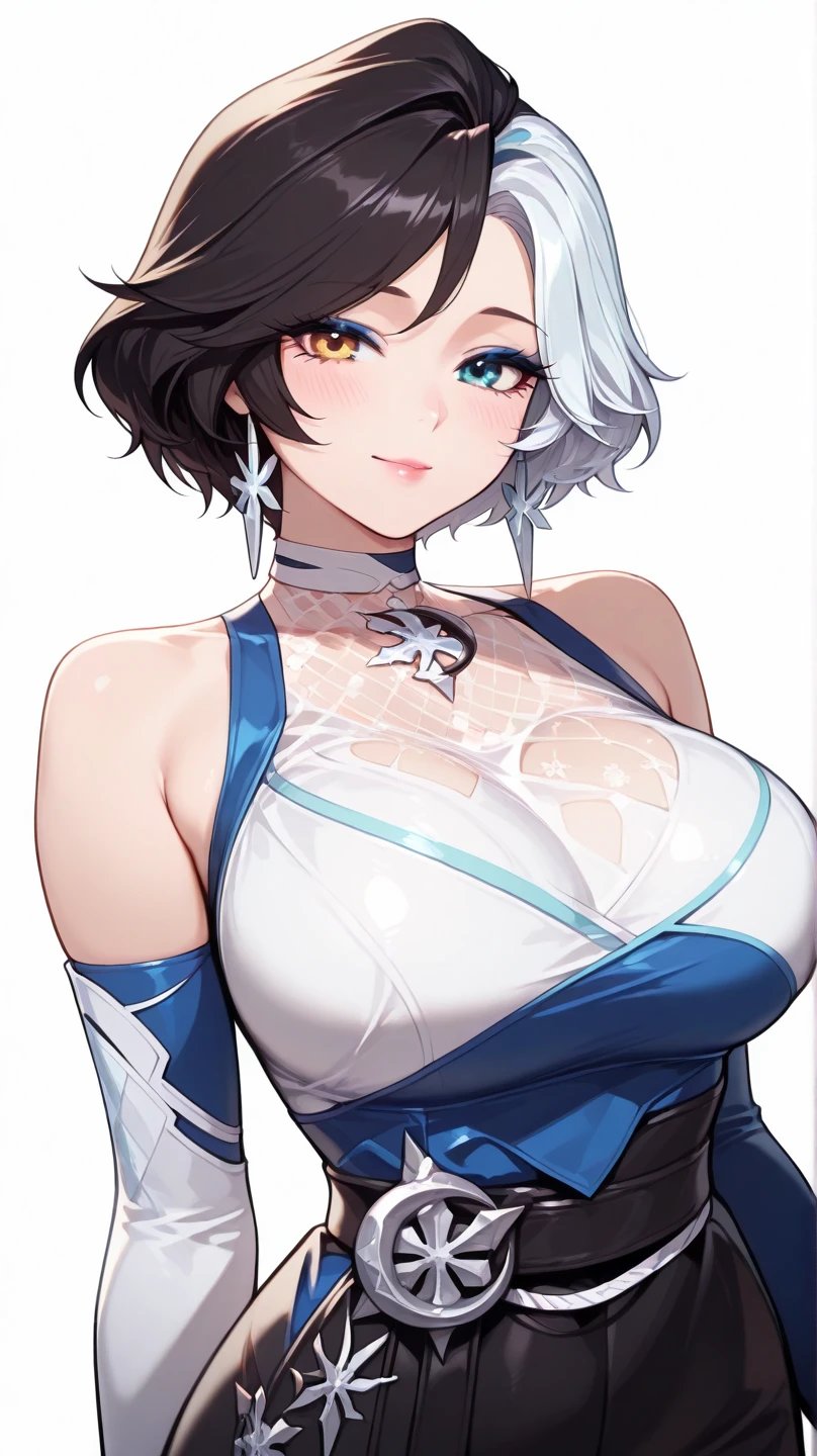 An anime-style artwork depicting ruan mei from the game Honkai star rail.

Tags: ruan mei, anime, detailed eyes, detailed lips, crop top, turtleneck, pencil skirt, smiling expression, intense gaze, glowing emblem on hand, dynamic pose, mystical background, vibrant colors, digital art, high-resolution, professional quality, gigantic breasts, (underboob : 1.4), curvy, cowboy shot, (gigantic breasts: 1.4), (magenta eyes: 1.4), (white hair: 1.4)