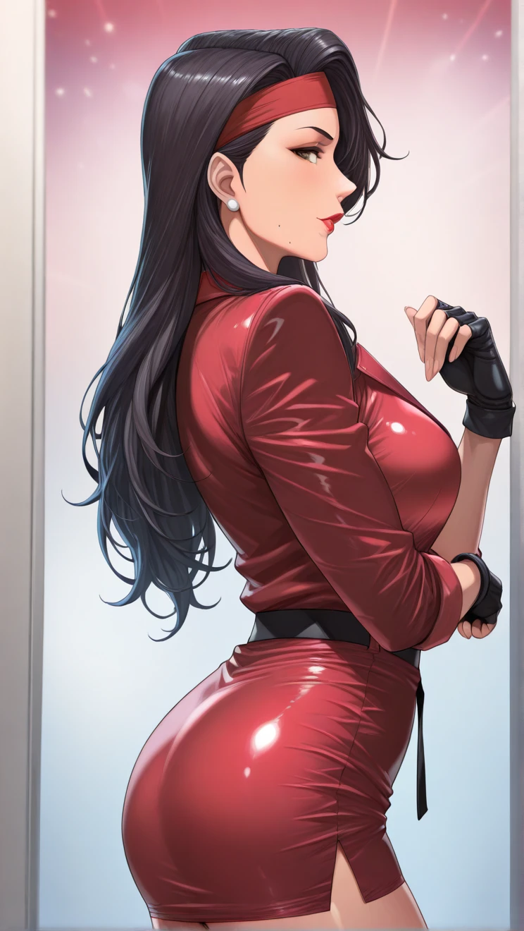 Woman in a short red dress sitting on a stool, whole body, sexy red dress, (semi transparent dress), pale red, Red lace, Red stockings, back view, in a red dress, (ass outline), anime style, view from the back, femme fatale, professional artwork, complex parts, field of view, Sharp Focus, Photorealistic lighting, skintight, Side_orgasm, long black hair, very long hair, draw up, pomade, 30 years, mature woman, Beautiful long legs, (big ass:1), (big tits:1.5),beautiful body, Beautiful character design, perfect detail eyes, идеальное face, formal art, extremely detailed CG Unity 8k wallpaper, perfect lighting, bright_FRONT_face_Light masterpiece: 1.0), (Best_Quality: 1.0), сверхa high resolution, Ultra detail, Hyper detail, photographic, 8K, HDR, a high resolution, absurd: 1.2, Kodak Portrait 400, granularity , blurred background, hips: 1.2, highlight correctly_color: 1.2) (Beautiful_face: 1.5), (narrow_waist), (solo: 1.4), ((Upper body, half of the body:1,4)), Back focus, rear focus,