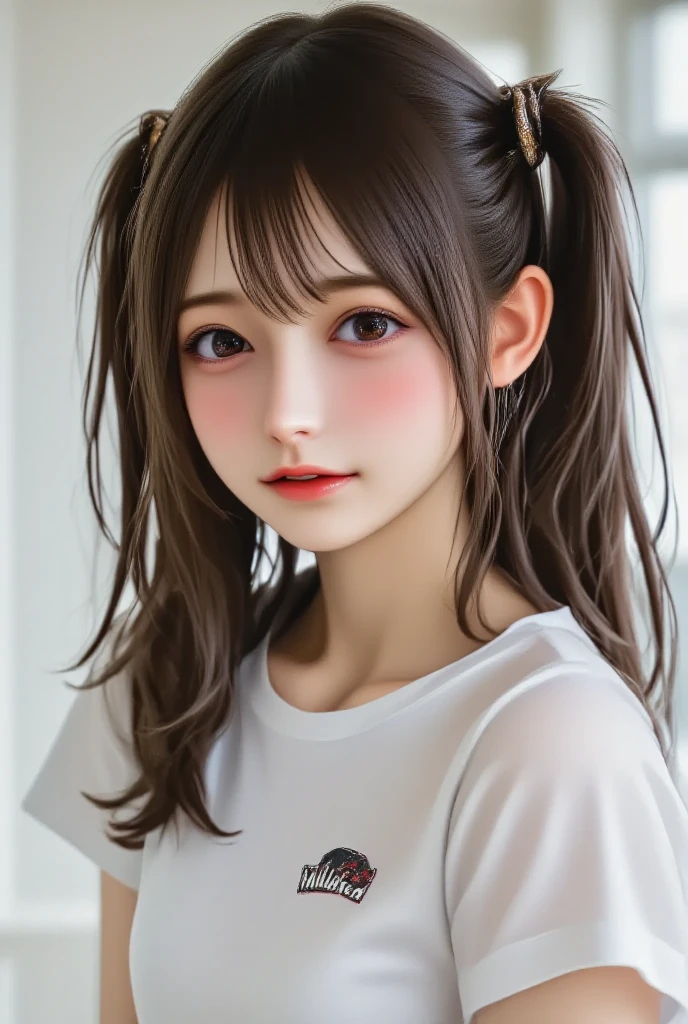 (Highest quality、8K、32k、masterpiece)、(Realistic)、(Realistic:1.2)、(High resolution)、Very detailed、Very beautiful face and eyes、1 Girl、Round and small face、Tight waist、Delicate body、(Highest quality、Attention to detail、Rich skin detail)、(Realistic、Realistic:1.37)、Bright colors、(((Brown Hair)))、(((Upper Body Shot)))、(((Long Hair)))、(((Side Ponytail)))、(((White wall background)))、(((White wall background)))、(((He has a shocked look on his face.)))、(((Wear a dress)))、(((I'm at a loss.)))、(((Pink floral dress)))、A look of relief、Eyes closed