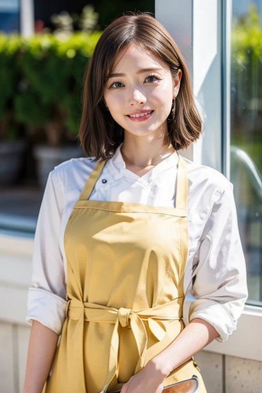 kannahashimotoreal, (Ultra-high resolution), (masterpiece), (Attention to detail), (high quality), (最high quality), ((Upper Body Shot)) , One Girl, Hazel brown eyes, short hair, ponytail, Female fast food clerk, Red uniform, cap, apron, Behind the counter, smile, Colorful background, Menu Signage, cash register, Flyer, Hamburger and fries on a tray, Clean and bright interior