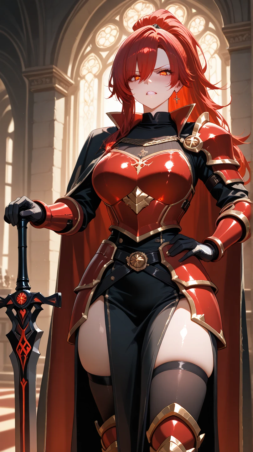 Masterpiece, best quality, 1 girl, long hair, big bust, ((Red Hair), ((Very long hair)),((Red samurai armor, full body red samurai armor)),Sexy,Sensual,Red eyes,Serious, emotionless, adult woman, seductive, ((Huge Boobs, Huge Breasts)), looking angrily at you, huge woman, tall