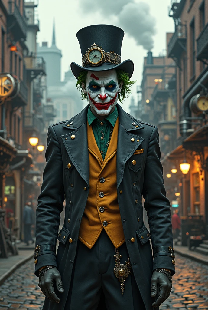 A gothic steampunk clown with dark, mechanical makeup, green steamy smoke rising from his face, and Victorian attire. The background is a dark, industrial city.