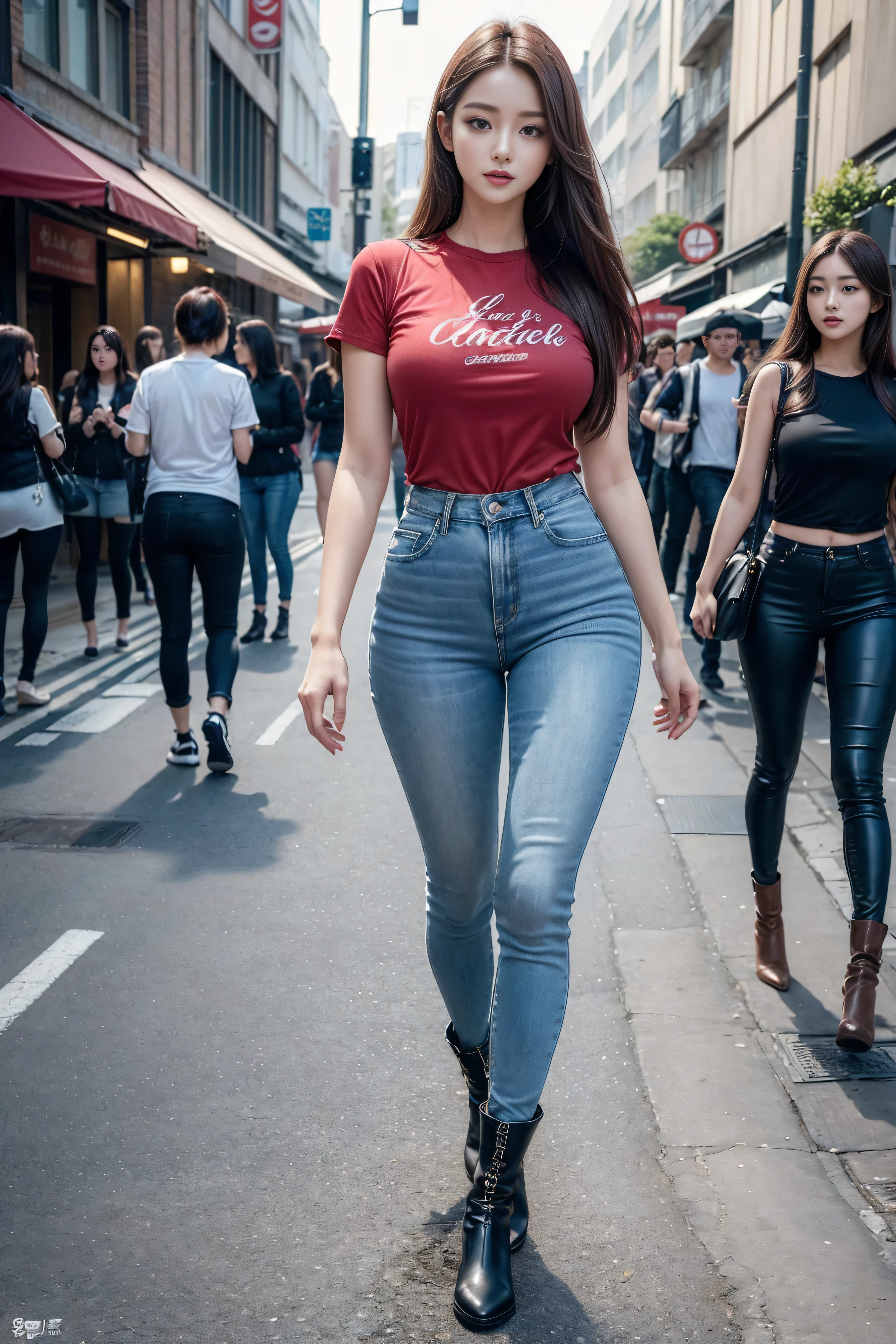1girl, masterpiece, (extremely intricate:1.2), woman, ultra detailed, finely detailed face, extremely detailed face, pale skin, black_hair, sexy, curvy hair, black medium hair, large breast, high quality, best quality, realistic, ultra realistic, photorealistic, beautiful delicate eyes, highest quality, highres, Raw Photo, 8k, detailed eyes, highest resolution, (exquisitely detailed skin), light smile, curvy, calm lighting, perfectly drawn eyes, sexy pose,  depth of field,(((in a mall, morning time, standing, black open jacket, denim jeans, large breasts, red tshirt, cleavage boots))), large breasts, lusty smile, 
