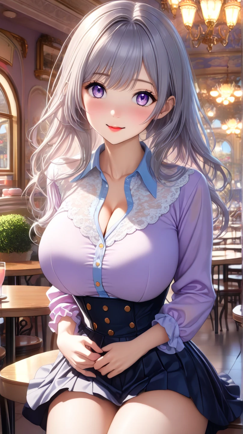 diosa griega mujer albina de cabello muy largo, sentada en una cafeteria elegante, ojos azules y pelo albino largo, diosa griega con ropa de diosa y corona de laureles en su cabeza