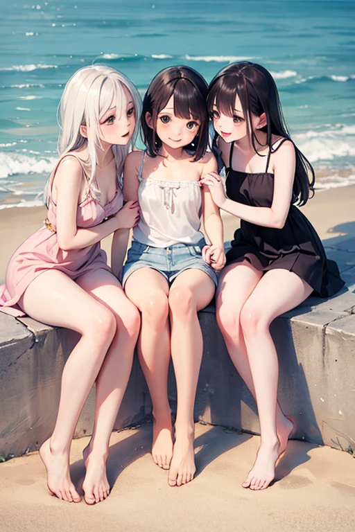 ((highest quality)), ((masterpiece)), (pretty girl), (3 girls:1.3), cute three girls are posing for a camera outdoors in the water, shirtをつかむ, stand side by side, (Close-up shot from the knee:1.3), perfect face, smile, (open your mouth and smile:1.3), embarrassed look, (precise fingers:1.3), hair band, head band, hair bobble, blouse, shirt, I can see your underwear, (pastel colored underwear), high resolution eyes, accurate eye, (high resolution eyes:1.8), (High definition finger 1.8), light smile, small chest, chest, realistic, 4years old, 5 years old, 6 years old, 7 years old, knee socks, short skirt, Asian, blue eyes, silver hair, brown hair, blonde, belly button, jewelry, looking at the viewer, necklace, water, , Wet, long hair, short hair, abs,