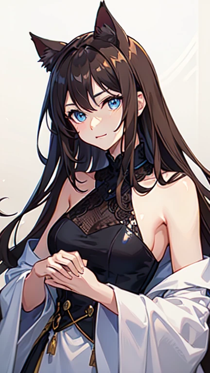 (masterpiece), best quality, expressive eye, perfect face, mature female, medium breasts, cleavage, long hair, (hair over one eye), very long hair, straight hair, black hair BREAK yellow eye BREAK night dress, blue dress BREAK red lipstick BREAK shiny dress, elbow gloves, white gloves BREAK standing, closed mouth, fancy lobby, indoors,(crowd, people), female focus, looking_at_viewer, bare shoulders, sleeveless dress, indoors, ((fancy hotel, lobby)) , smile, grin, looking at viewer