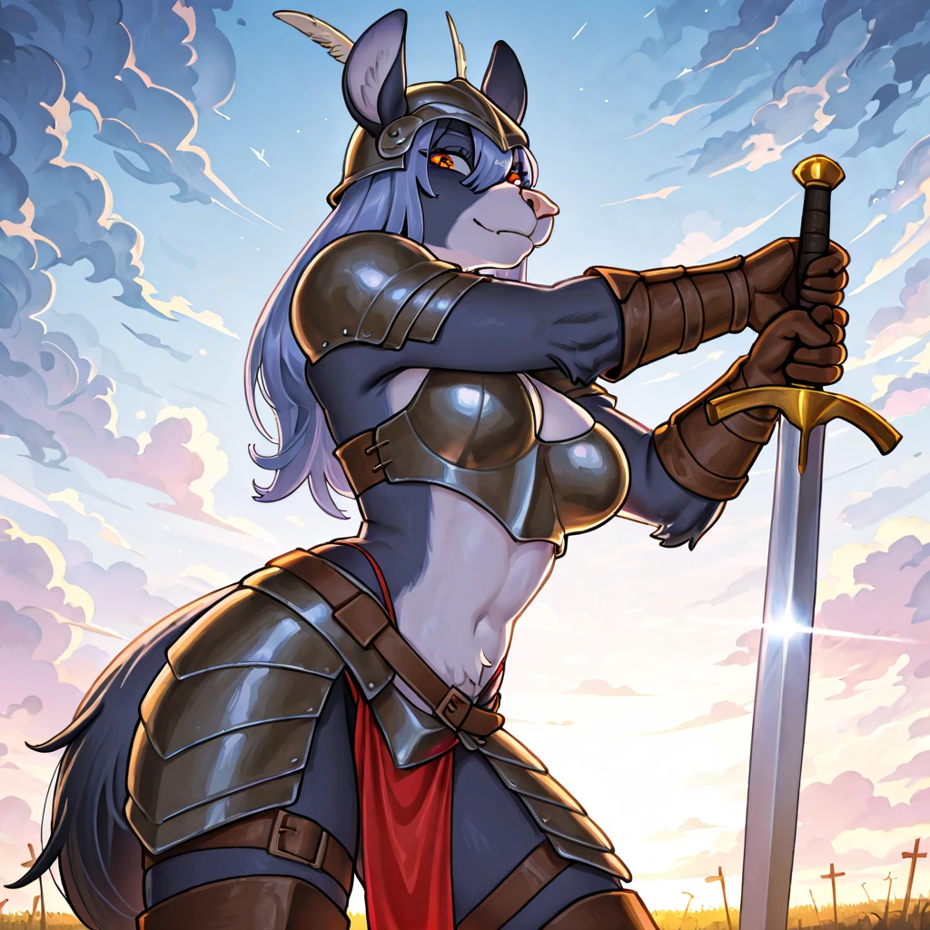 Asgore, ((female)), (best quality), masterpiece, ((by cooliehigh)), (blue eyes), (hourglass figure), (thighs), (huge butt), huge breasts, holding trident, looking back, facing away, golden armor, feminine face, exposed butt
