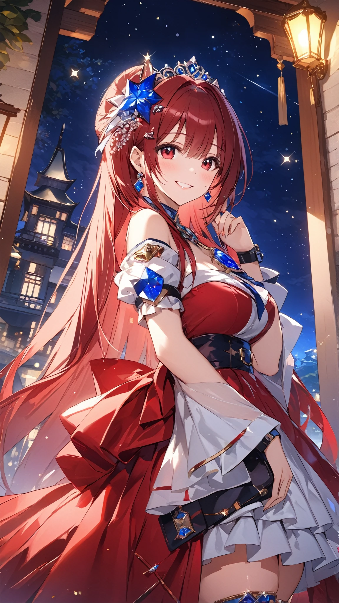 One Woman、Red Hair、long hair、Hair between the eyes、Big Breasts、Huge breasts、Blue Eyes、Red cropped jacket, Hair Ribbon, bracelet, Pink Dress, Brown boots、Braid、Aerith Gainsborough Costume、Upper Body、laughing、Watching the audience、