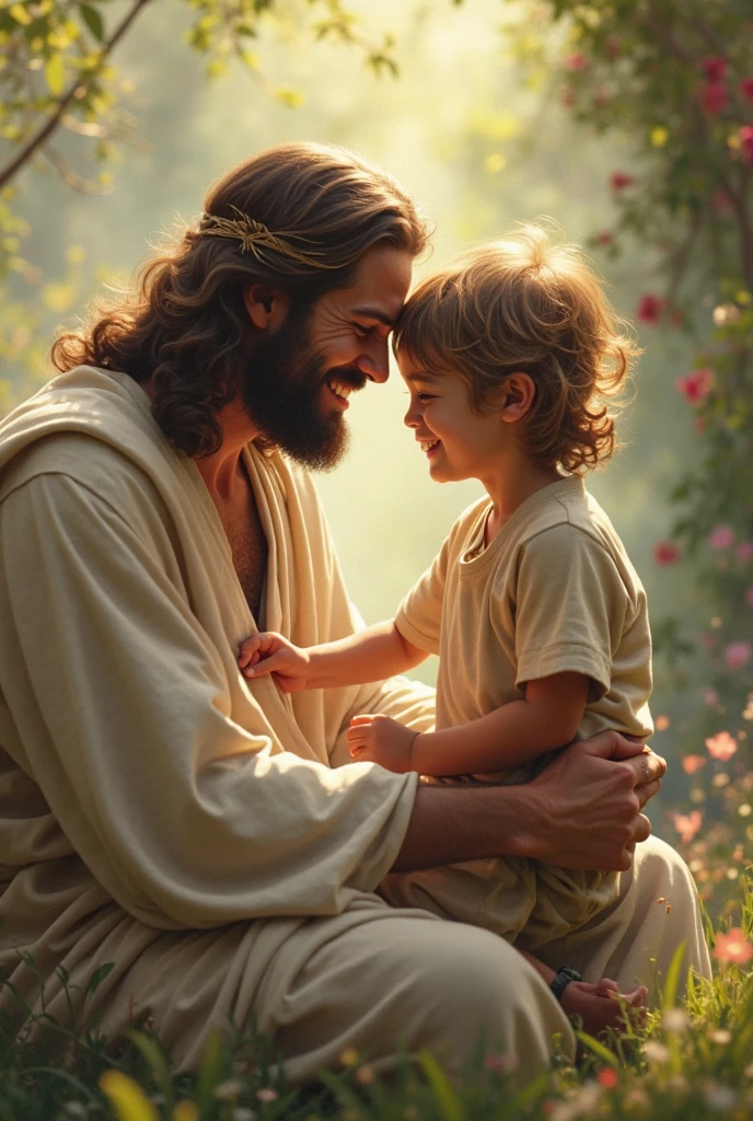 Smiling Jesus hugs a 1 boy with black hair