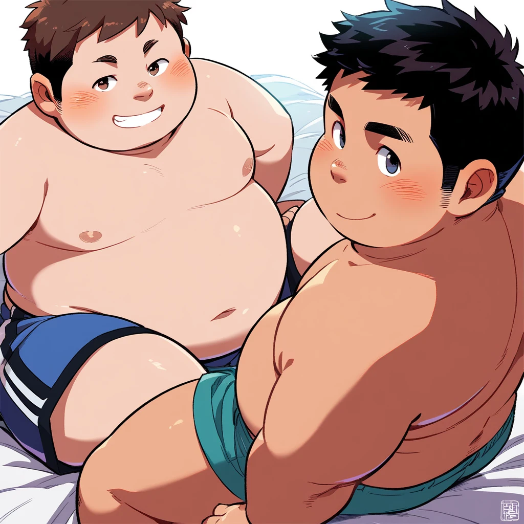 Masterpiece, Fat, Chubby belly, Flabby obese, Male,  man, Short hair, Barefoot, Short legs, Lying down, Smile, Boys, Penisculatio