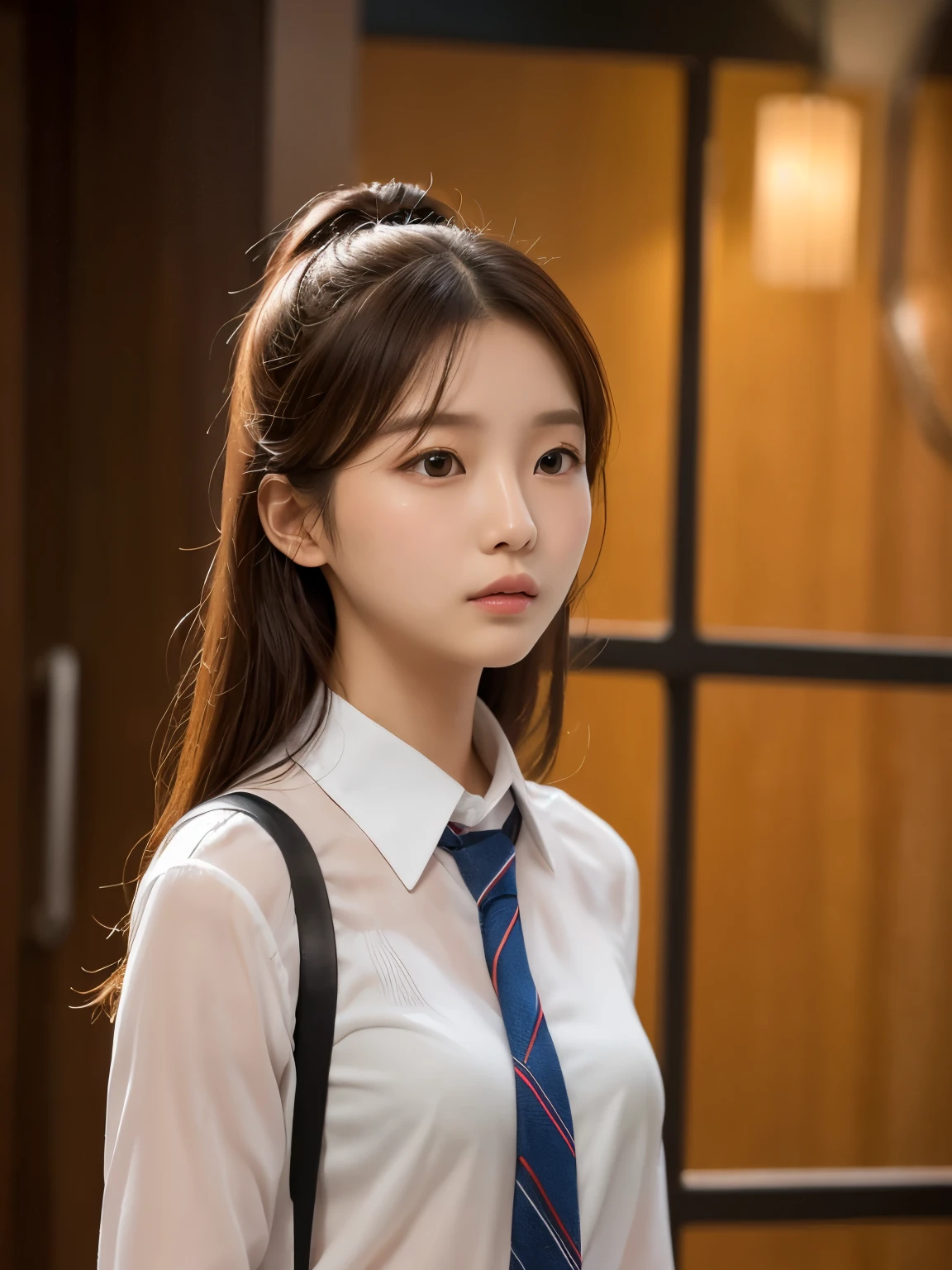 1 asian girl, hyper realistic, school girl, uniform, 19 years old, very beautiful, School uniform, details eyes, blonde hair, open legs, on desk, background flue, 8k, touching legs, , teen, cowboy shot