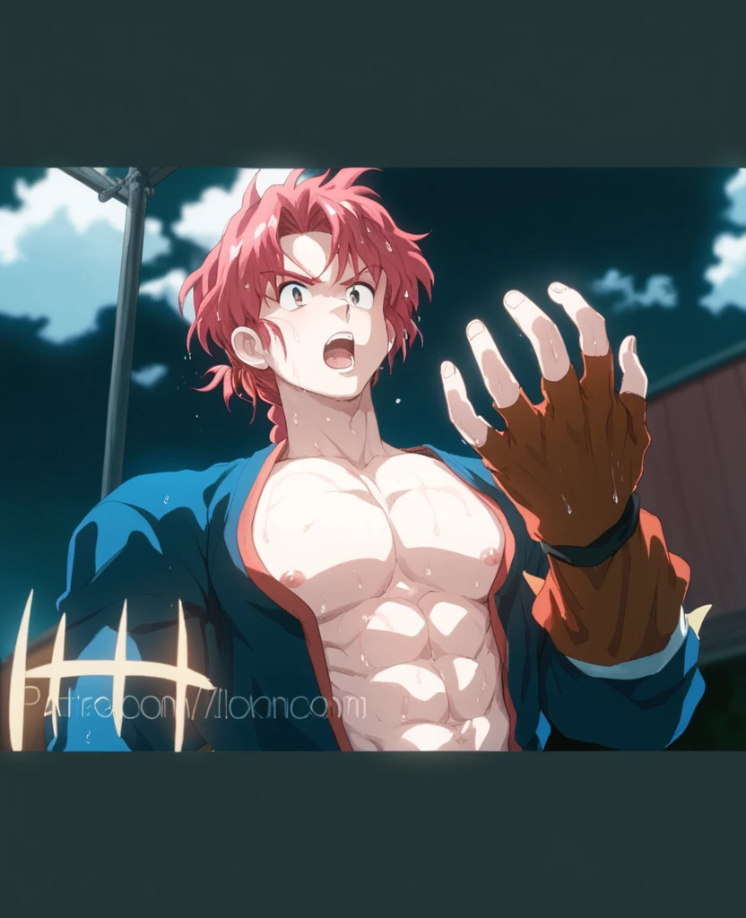 wilnas, granblue fantasy, (masterpiece:2), (best quality:2), (high quality:2), (solo:1.27), (muscular male:1.27), (bara:1.27), satisfaction, happy, pleasure, (dynamic angle:1.21),(dynamic hair:1.27),(detailed pupils:1.21),looking at viewer, (dynamic pose:1.15), (beautiful detailed hands:1.21), illustration, (cinematic light:1.15), ultra detailed, (disheveled hair:1.34), (big bulge:1.4), (large pectorals:1.3), pectoral cleavage, sidepec, (abs:1.3), (thighs:1.3), (bulky:1.2), novel_illustration, anime_screencap, (valentine:1.4), (apron:1.3), cooking flaming, chocolate, (micro fundoshi:1.5), flaming sword, explosion, male focus, fire, fiery wings, fiery hair, flame, pyrokinesis, breathing fire