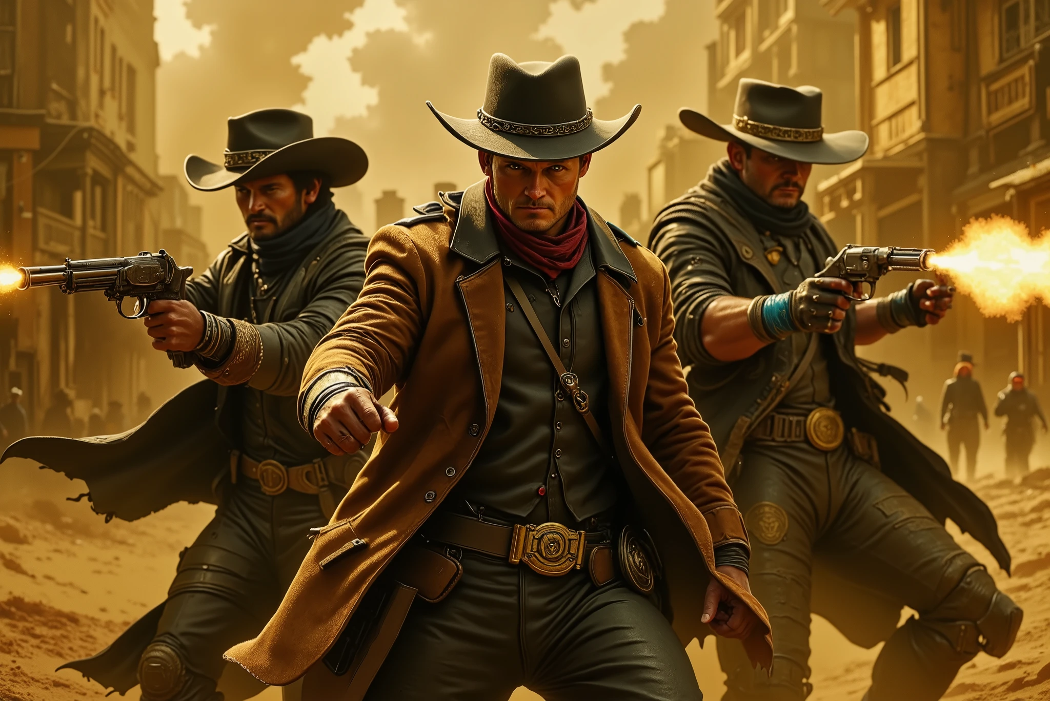 (( Three Gunmen from the Western , the one on the right wearing brown cowboy clothing with black and red details black hat, the middle Cowboy wearing matte black clothing with gold details , the third Cowboy on the left wearing black clothes with blue and gold details , all three shooting and expelling bandits from the village in the old western style composition 15.36, original quality and texture reference to the great epic Western movies , environment surrounding enemies , pessoas correndo , tempestade de areia)))