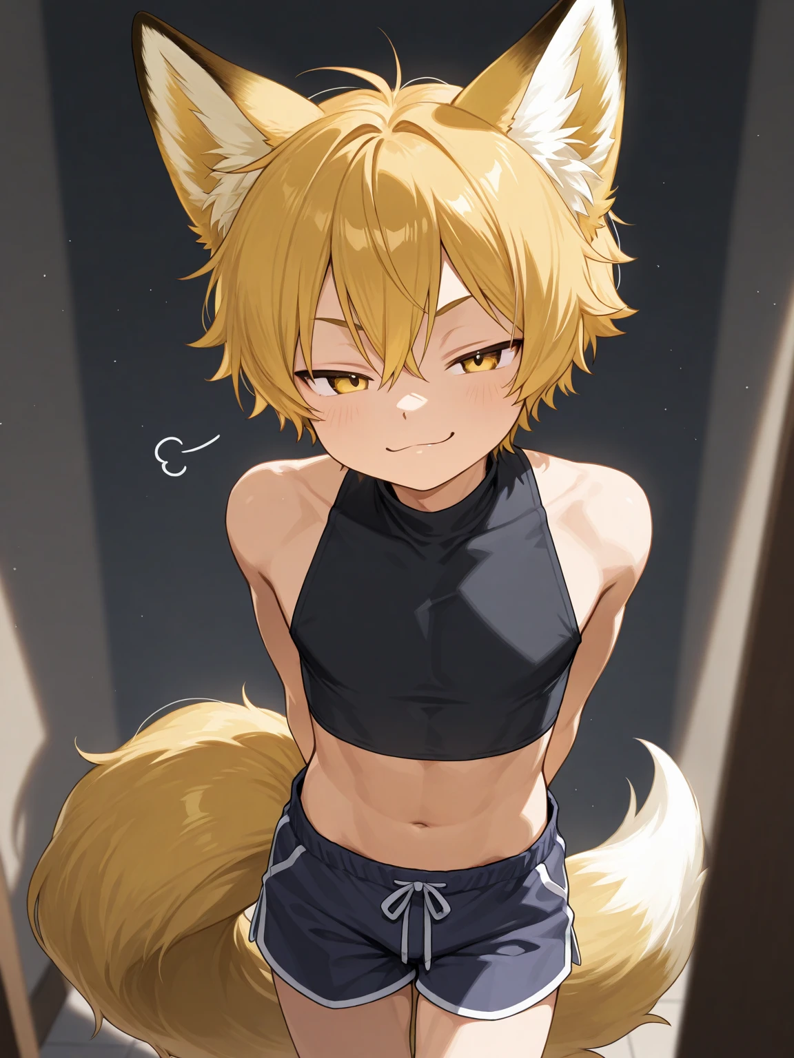 Blue pupils, Light yellow fluffy body, Furry cat tail, Boy cat，Light yellow hair，Exquisite wallpapers，Very cute，The popular style of the P station，One role solo，White cute fluffy little long legs，Shotai style，Inner figure eight standing position，Blushlush，Sexy skinny black swim trunks，Lewd expression，Black sports strap bra