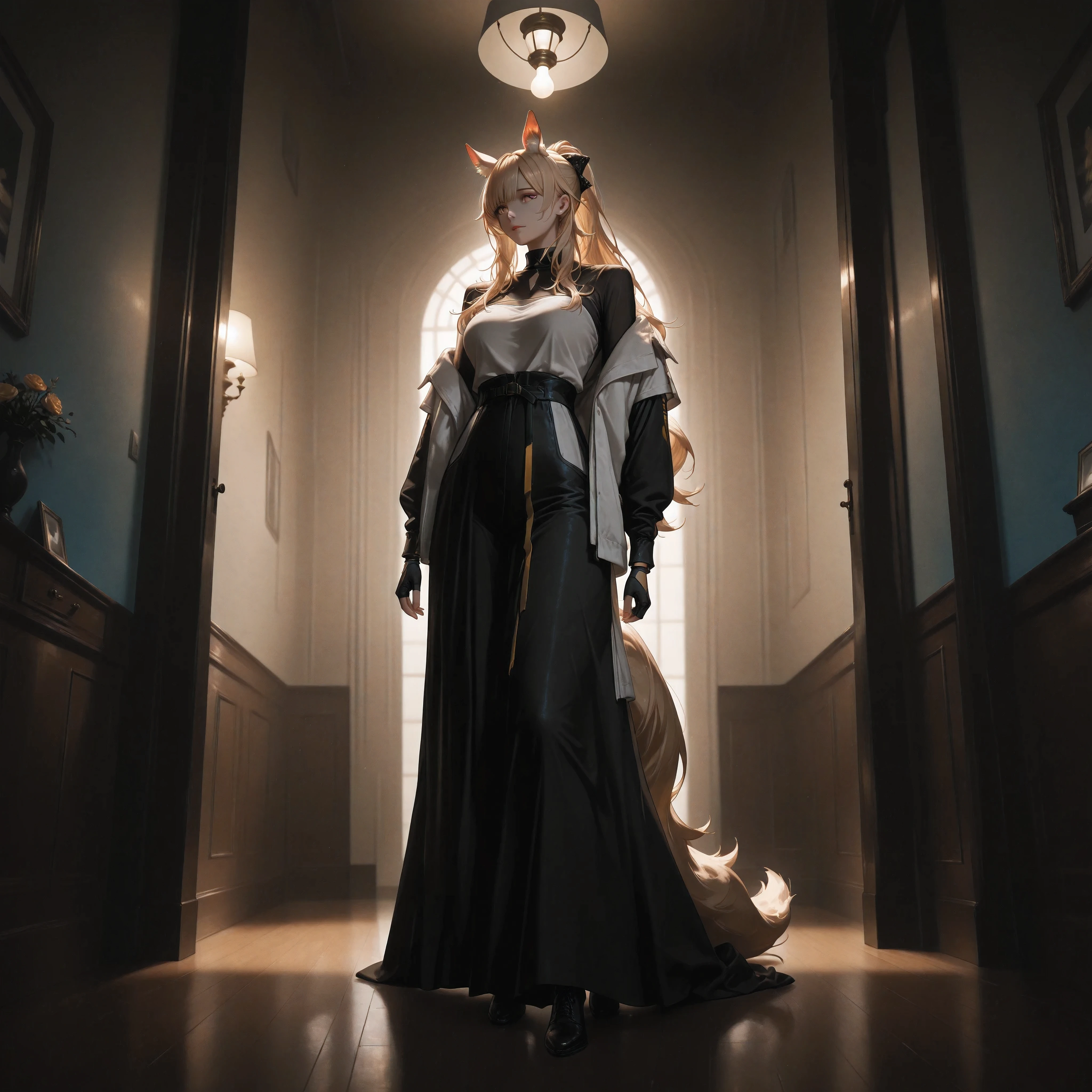 (NSFW:1.1), A Realistic image, extremely sharp focus, crisp details, high resolution, low light, fashion photography, 4K, 8K. (correct anatomy and detailed hand). A wide angle shot, side view, low angle, a detailed, high quality rendering of blemishine_\(arknights\), Nearl_Arknights, and WhislashAK. A cozy bedroom, the only light comes from soft dim cinematic light of a floor lamp. The light gently washes over the surrounding furniture and casts long, subtle shadows on the walls, cold color pallete. the background has highest detail, detailed background and depth of field.