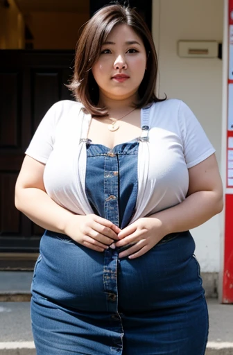 (A large group) of morbidly obese Bbws, various natural hair colors, nude body under Jean overalls, large body proportions , love handles, massive breasts, standing in a dark alley