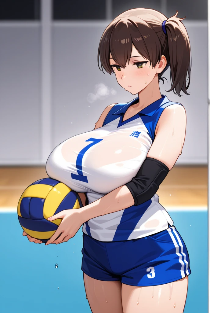 ((masterpiece)), ((best quality)), (ultra-detailed), ((extremely detailed)), 4K, (8K), best quality, ((perfect anatomy)), ((((beautiful detailed eyes)))), (((world-class quality))), photorealistic, extremely detailed, high resolution, (detailed shaded pretty face), (((house wife))), solo, (((sagging breasts))), (((wearing volley_uniform)), glowing detailed skin and hair, white-skinned, (((glistening skin))), huge ass, kasumi iwato, potbelly, baby face, (half updo),, , stylish pose, curvy, smile, , inside volley ball field