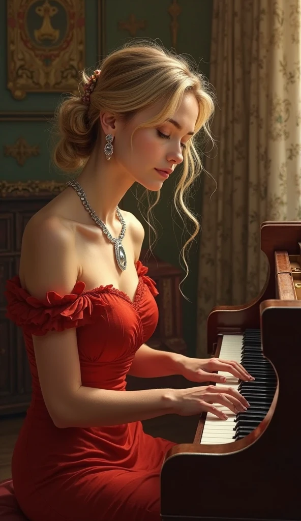 hyper realistic image of the highest quality, the perfect masterpiece, perfect work of art, 8k, a beautiful young woman in a red dress, dress with a low neckline, blonde hair, upturned nose, is playing the piano on a bright stage, realistic oil painting, detailed face, detailed hands, chiaroscuro lighting, dramatic lighting, warm color tones, muted colors, elegant, cinematic, intricate details, photorealistic, 8k, high resolution, best quality, masterpiece, annie leibovitz style photography, ilya kuvshinov style, soft light, studio light, (intricate details), majestic, aesthetic