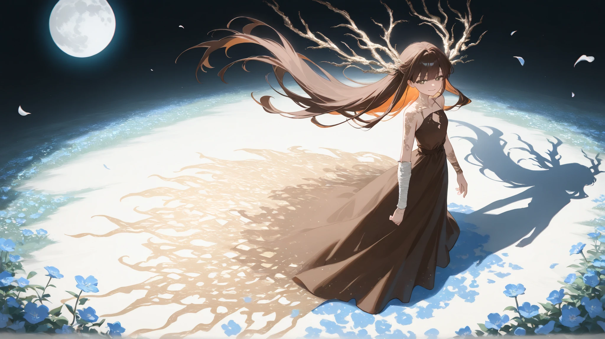 (masterpiece),(Highest Quality), shape, (fantasy:1.4), brown long hair that turns sideways, long lashes, Round Eyes,  Thin Smile , surrealism, Cast a Shadow, anaglyph,  stereogram ,  atmospheric perspective , 8k, Super Details, accurate, Highest Quality, 超high definition, Textured Skin, long dress, moon, flower , paper_ cut、(Highest Quality、masterpiece、high definition、detailed)、anime style、flat style、(Shining Eyes、beautiful face),  in their 40s,1 girl on break day、extremely detailed(The Shining), best lighting from above, Best Shadow、Floating, ( high color saturation),Dynamic angle、anime