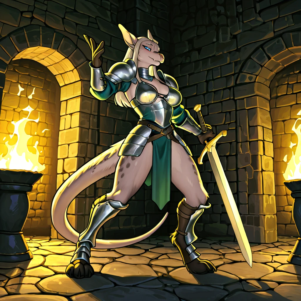 A male orange anthropomorphic skiny furry dragon, (thick thighs) wearing skimpy fantsy adventurer armor, holding a sword, ,round snout, in dungeon, solo, cute solf face, fighting  a monster, rpg,