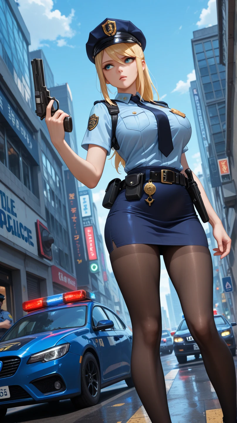 Hime cut、Loose perm hair、Golden Hair、((Highly detailed sexy police outfit in black、Ultra mini skirt)）、Looks about、(beautiful: 1.3)、One person、Highest quality、8k、Highly detailed CG unit wallpaper、masterpiece: 1.2、Highest quality、Ultra-high resolution、RAW Photos、Realistic textured skin、Cinema Lighting、happiness、Big eyes、Detailed eyes、Glossy lipstick、Perfect Makeup、超高精細のbeautiful顔、Huge building、Metropolis、Voluptuous、(大きくて丸くてbeautiful形のお尻)、(サイバーシティの超高層ビルの屋上にAre standing)、(Panoramic View)、night、Detailed neon lights、(((Are standing_Split)))、