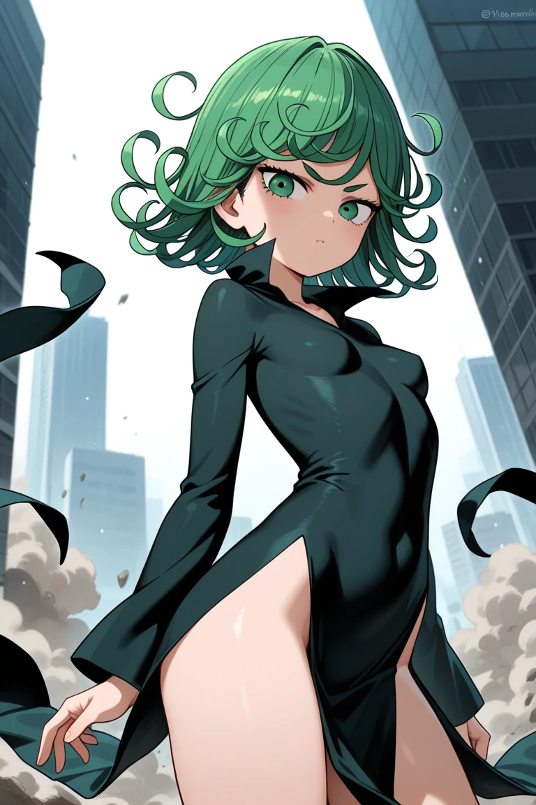 Masterpece, high quality, 1girl, tatsumaki one punch man, green hair, churly hair, green eyes, black wear, black clothes, fullbody, Sexy hentai art, realistic, detail, 8k