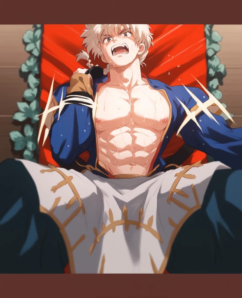source_anime, looking down on viewer, intricate details, 1boy, young, scar_wuwa, male focus, multicolored hair, white hair, red hair,, tsurime, scar, seductive smile, toned male, sitting in the dark, dark room, indoors, sinozick style, from below, clothes off, penis visible, precum, muscular male, bara, pectorals, abs, no clothes, penis on hand, masturbation, no pants, no shirt, visible biceps, right hand on pectorals, muscle worship, standing up