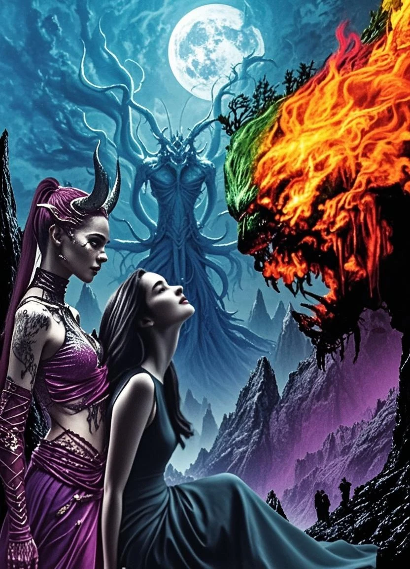psychedelic relexed beautyfull She Hulk in a Trance world, angels and deamons dancing, swirling rainbows, psycodelic, tight bright blue dress, green skin,insanevoid, glowing eyes, extra eyes, horror \(theme\)
