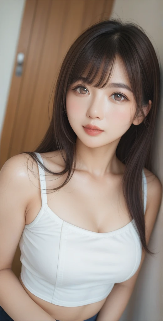 (8K, RAW Photos:1.2),Detailed face and eyes,最high quality, Ultra-high resolution, Very detailed ,Intricate details ,Tabletop ,pretty girl , Soft cinematic light, Hyper Detail,Sharp focus, high quality, Browsing Caution,camisole, Bare shoulders, Cleavage, Crop top, cut off,Long Wavy Hair, bed, Big breasts G cup, All over,