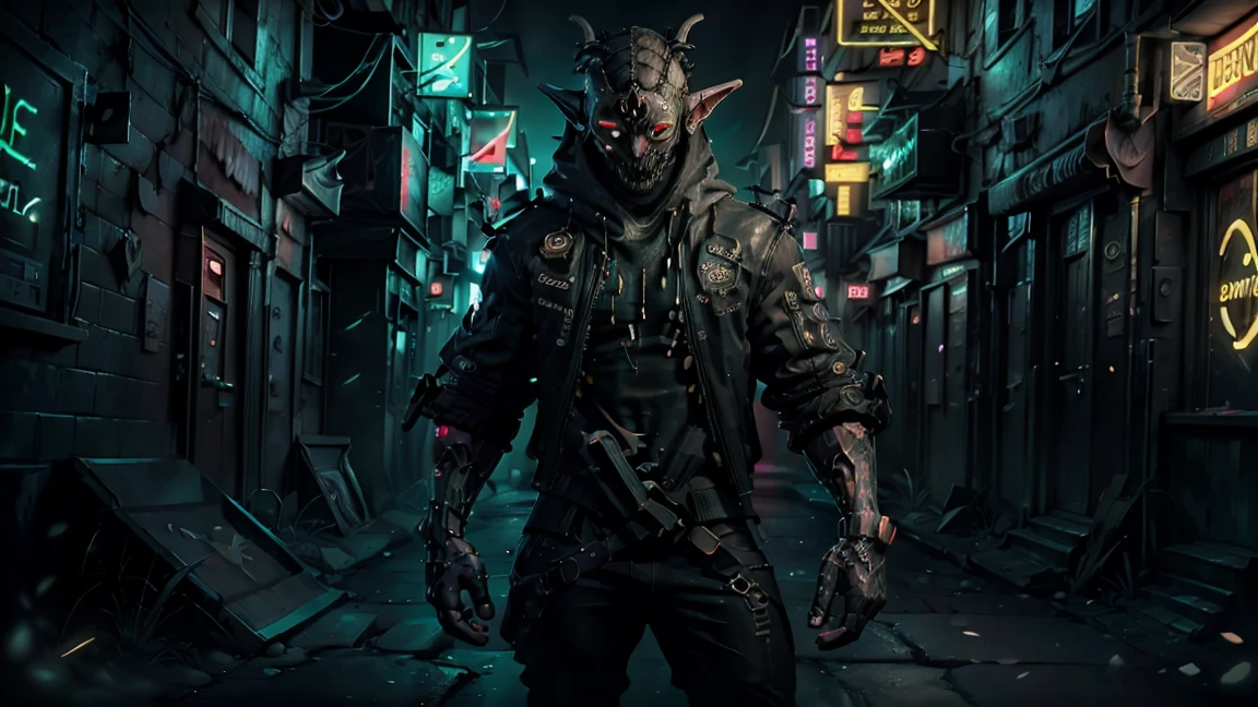 Close-up shot: A mysterious figure in a long black jacket, wearing an oni mask and holding a vape, stands on a foggy cyberpunk city street, exuding a gritty atmosphere.