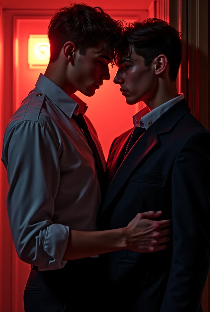 two arafed men in underwear standing in a window with red light, atmospheric red lighting, red lighting, red and cinematic lighting, scene from fightclub movie, red light from some windows, inspired by Nan Goldin, against a red curtain, cinematic red lighting, dim red light, detailed red lighting, red light, red room, film still from sin city