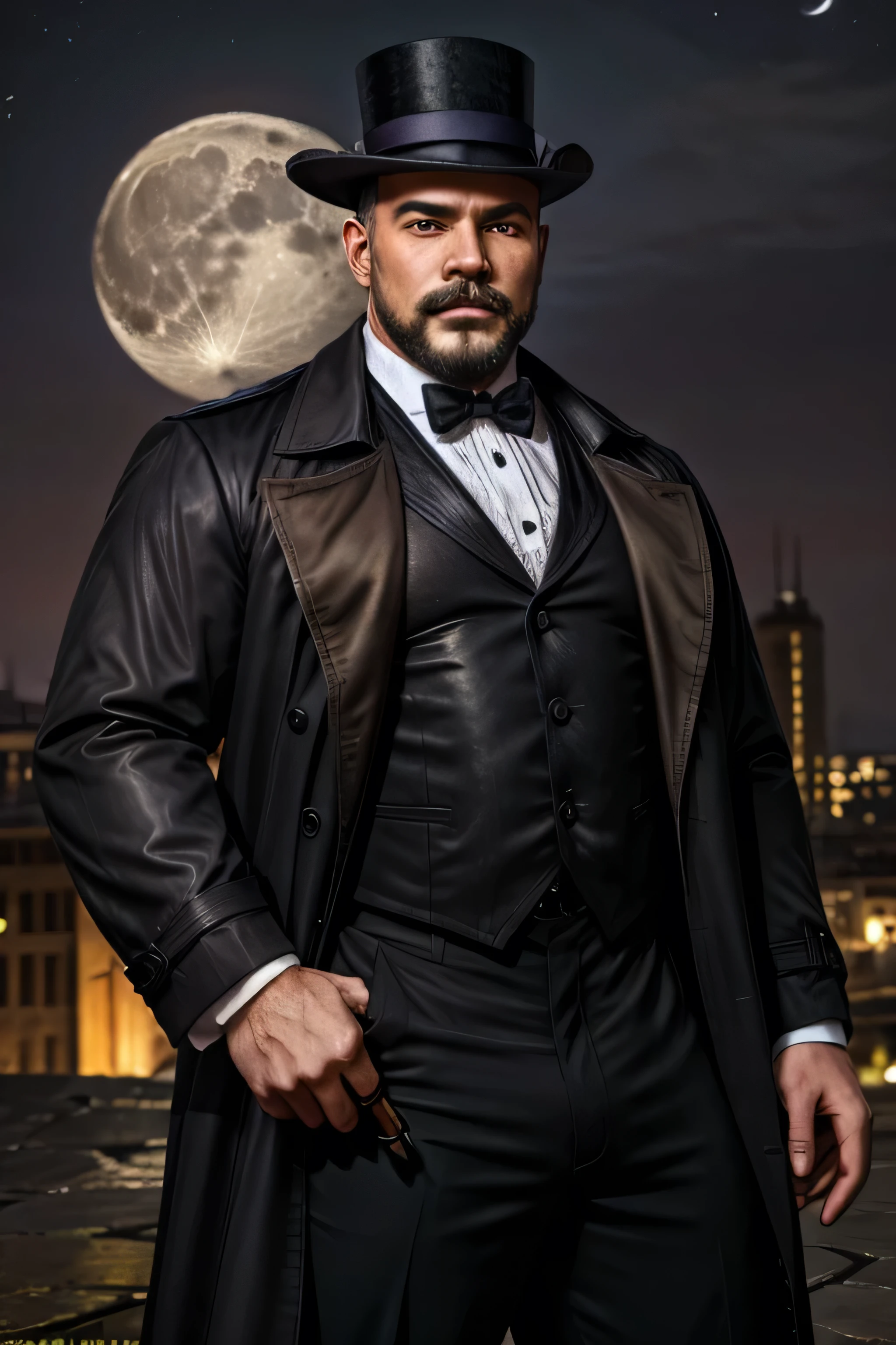 (8k, high definition, masterpiece) A handsome bald Arabic dark priest. bronze-skinned. wearing a black suit underneath a gothic trench coat. wearing black pants wearing a top hat. holding a cane. full white beard and moustache. (Black, brown, and purple color palette). midnight, full moon casted behind him on the background. blurred background.