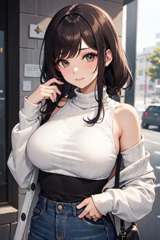 anegasaki nene、Shiny brown hair, short hair, (Beautiful brown eyes、Sparkling eyes, Fine grain)、Ultra-detailed eyes、Highly detailed face, Highly detailed eyes,

(8k, RAW Photos, Realistic: 1.25), 女性 takes a model photo underneath an Eiffel Tower-style tower, Detailed Tower Images, From below:1.3, , stylish, Sleeveless tight ribbed knit, Cut chest, Shoulder bag, Tight-fitting skirt, ((Clothes that accentuate sexy body lines)), ((Modest chest)), The belt digs into my chest.、 Looking down at the viewer, Photographing women elegantly、Lower Body, From groin to thighs,