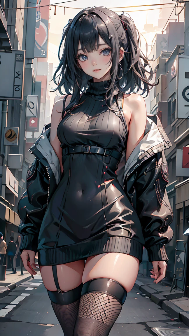 Anime girl in leather skirt and black fun lingerie standing on city street, Long-haired Ilya Kuvshinov, Guviz style artwork, anime art wallpaper 8 k, Guvitz on the art station Pisif, Guwiz on Pisiv Art Station, Cyberpunk Anime Art
